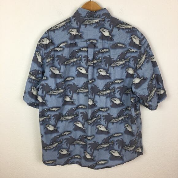 Columbia Blue Gray Fish Print Short Sleeve Button Down Shirt XL - Picture 5 of 7
